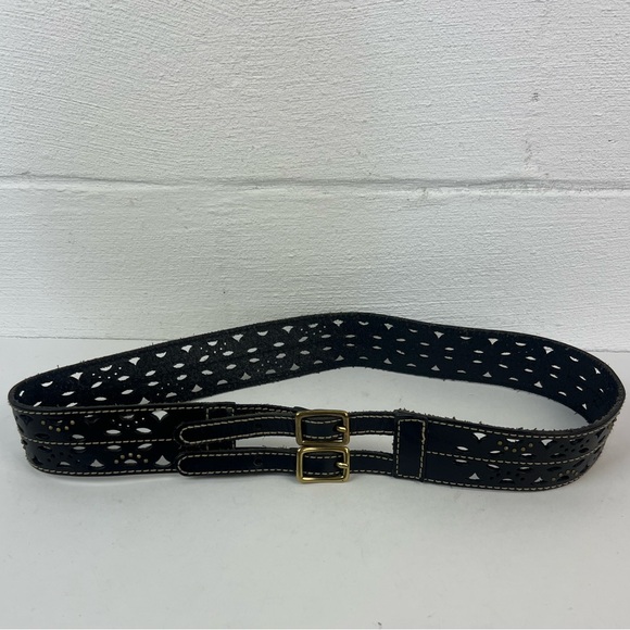 Black Leather Studded Laser Cut Double Buckle Belt - Picture 2 of 3